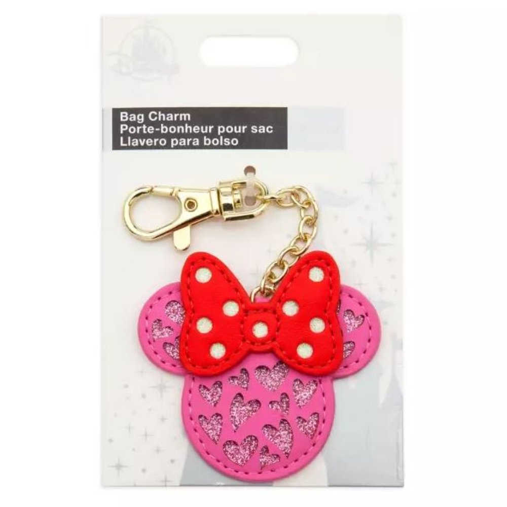 DISNEY MINNIE MOUSE FLAIR MICKEY ICON BAG CHARM KEYCHAIN PINK GLITTER RED KAWAII